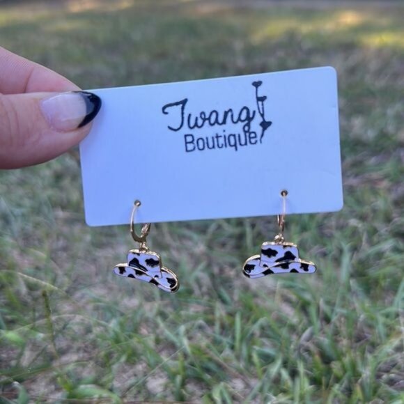 Cow Print Cowboy Hat Earrings - Picture 3 of 4
